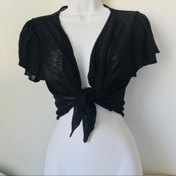 Sweaters - Light Flutter Sleeve Tie Front Black Shrug